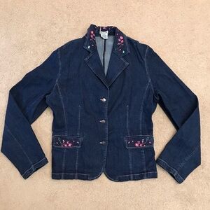 David Paul Denim Jacket Womens Large Blue Pink Floral Embroidery Stretch Fabric